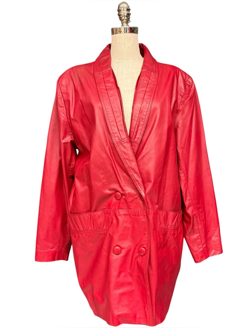COMINT Red Leather Double Breasted Jacket Women’s L Vintage 80s 90s Oversized